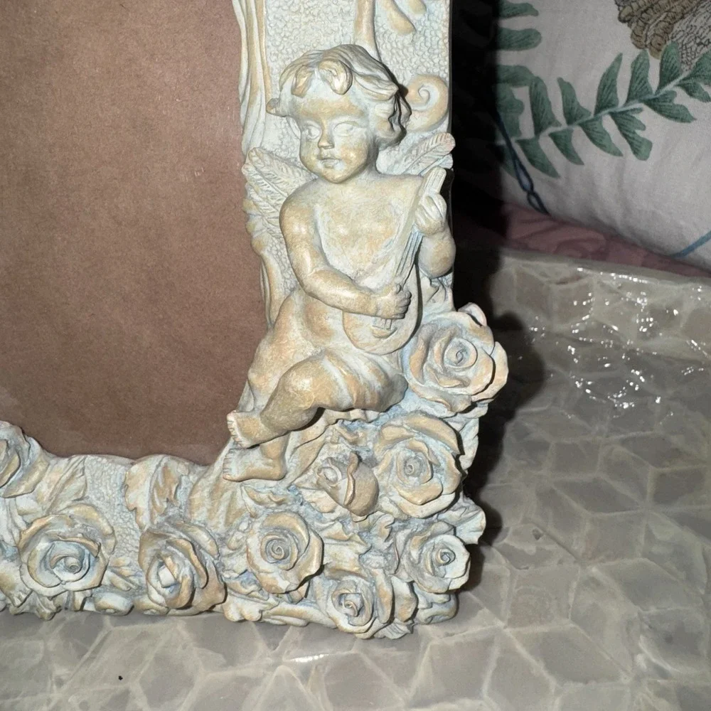 Vtg Ceramic Cherub Picture Frame Blue Gray Gold Tone Textured